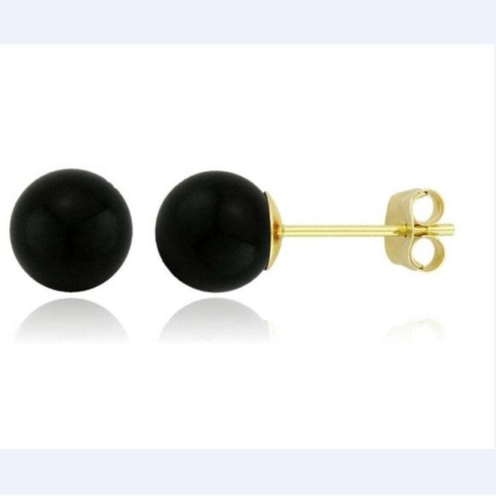 14K Solid Gold Genuine Black Onyx Ball Push Back Studs Size 8mm